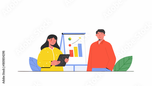 A woman holding a tablet stands next to a flip chart with a bar graph and a man stands to the right illustrating a business meeting or presentation