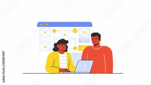 Two diverse colleagues collaborating on a website wireframe using a laptop representing teamwork and digital design in a modern flat illustration style