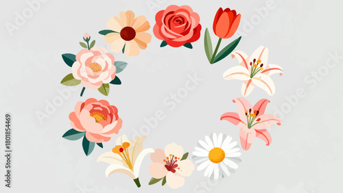 A collection of various flowers, with cartoon hand-drawn vector illustrations