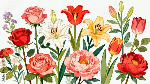 A collection of various flowers, with cartoon hand-drawn vector illustrations