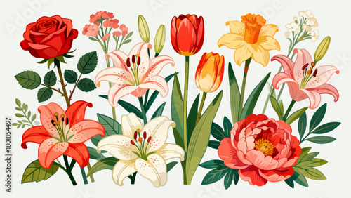 A collection of various flowers, with cartoon hand-drawn vector illustrations