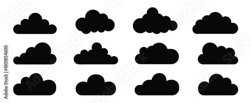 Black Cloud Silhouette Set. Flat Vector Weather Icons on White Background