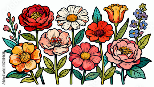 A collection of various flowers, with cartoon hand-drawn vector illustrations
