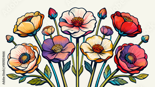 A collection of various flowers, with cartoon hand-drawn vector illustrations
