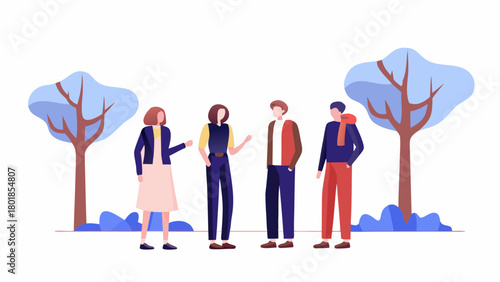 A diverse group of four friends or colleagues standing together in a park with stylized trees and bushes engaged in conversation and enjoying outdoor leisure time