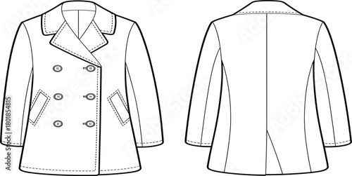 Vector Technical Drawing of Double-Breasted Peacoat, Front and Back View, Classic Outerwear, and Apparel Flat Sketch
