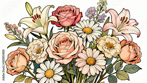 A collection of various flowers, with cartoon hand-drawn vector illustrations