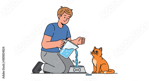 Caring young man refills water bowl for his adorable orange cat, showing pet love and companionship in a simple, heartwarming scene
