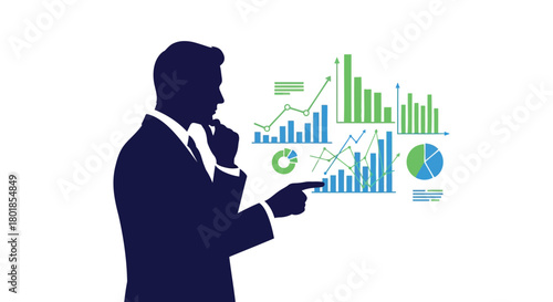 Silhouette of businessman pointing at a complex financial data chart with graphs and analytics on white background