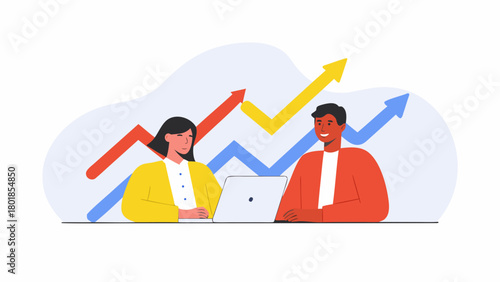 Two business professionals collaborating on a laptop with colorful upward trending arrows symbolizing financial growth and success in a modern flat illustration style