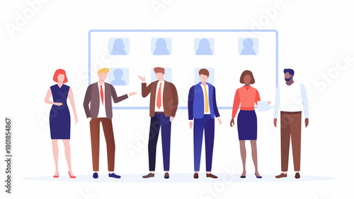 Diverse team of professionals standing in front of a digital display showing employee profiles representing teamwork and corporate culture