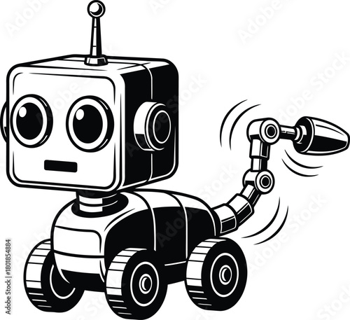 Cute cartoon robot dog character with a square head and wheels, wagging its mechanical tail, in a simple black and white vector illustration.