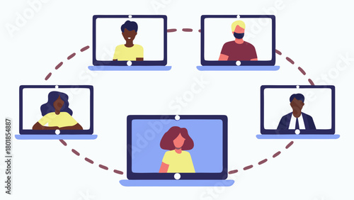 Diverse group of people connecting and collaborating remotely through video conference calls on their laptops illustrating modern communication and teamwork