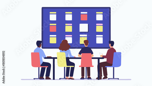 Diverse team collaborating around a table looking at a large screen displaying a grid of colorful cards representing ideas projects or data visualization in a modern office setting