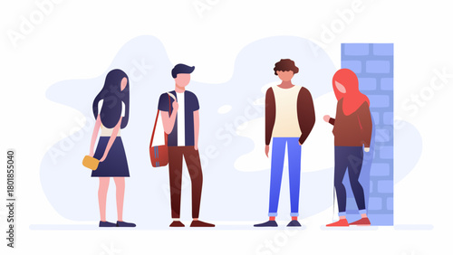 A diverse group of young adults standing together in a modern minimalist flat illustration with a light blue brick doorway and abstract background shapes