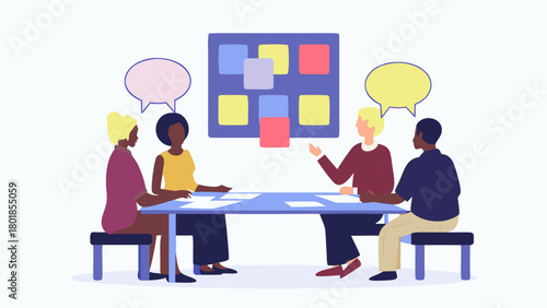 Diverse group of people collaborating around a table with a bulletin board and speech bubbles representing teamwork and brainstorming in a modern office setting