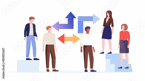 Diverse group of people standing on different levels with arrows indicating communication connection and direction choices symbolizing teamwork collaboration and decision making