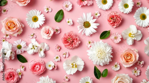 Blooming floral symphony: dynamic arrangement of roses, daisies, and chrysanthemums on pink background