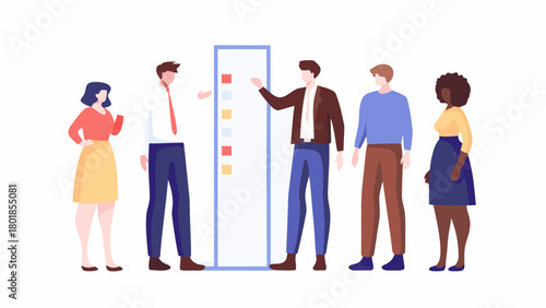 A diverse group of professionals gathered around a presentation board discussing ideas and strategy with colorful blocks representing data points or tasks
