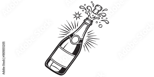 New year champagne bottle with popping cork outline vector