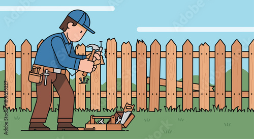 Skilled handyman repairs weathered wooden fence, bringing outdoor spaces back to life with essential tools and expert care