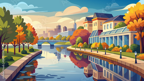 Very beautiful waterfront section along the Delaware River in Trenton, New Jersey, showcasing calm reflective waters, tree-lined banks, and a peaceful riverside atmosphere under soft natural daylight.