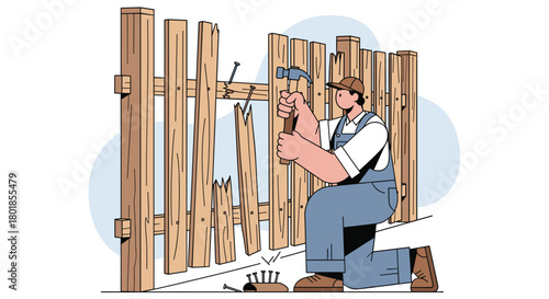 Skilled handyman diligently repairs broken wooden fence with hammer, restoring property security and appeal