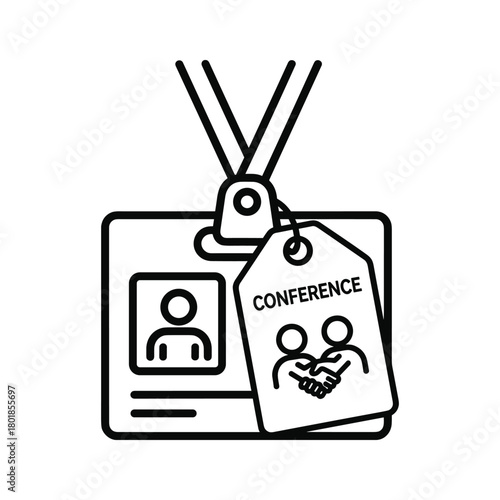 Outline icon of a conference badge and event pass with lanyard, ideal for business meetings, seminars, and expos.