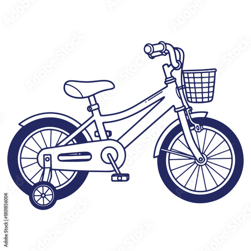 Childrens bicycle outline illustration with basket and training wheels for learning to ride safely vector design