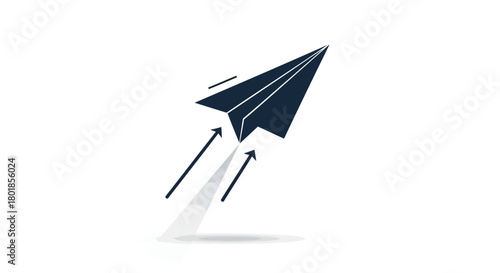Dark blue paper airplane soaring upwards with speed lines and arrows indicating upward trajectory