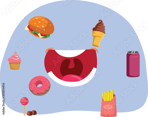 Gourmand Mouth Surrounded by Snacks and Fast Food  Vector Illustration. Greedy food lover eats a lot of comfort food 