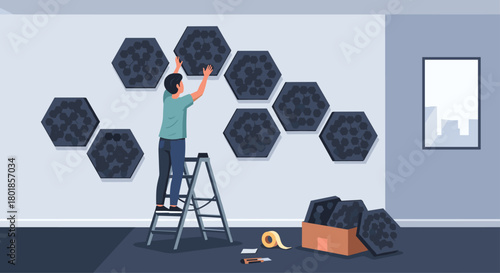 Man carefully installs modern hexagonal wall art, transforming living space with stylish geometric decor