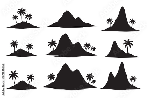 Collection of tropical island mountain and palm tree silhouettes isolated on white background