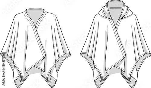 Vector Technical Drawing of Hooded Wrap Poncho, Open Drape Shawl, Oversized Outerwear, and Apparel Flat Sketch