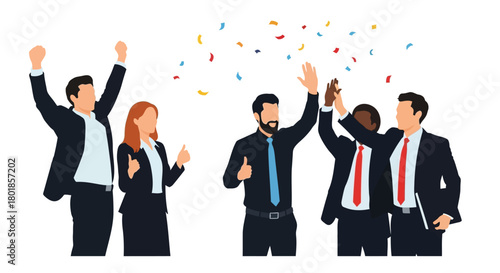 Diverse group of business professionals celebrating success with confetti and raised arms