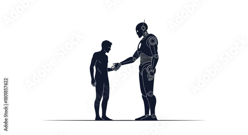 Two figures one human and one a digital entity shaking hands in a symbolic gesture of connection