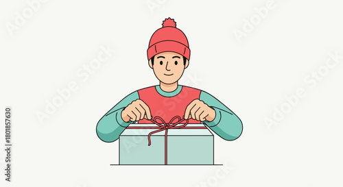 Joyful person tying a festive gift box with a ribbon, celebrating holidays and special occasions with excitement