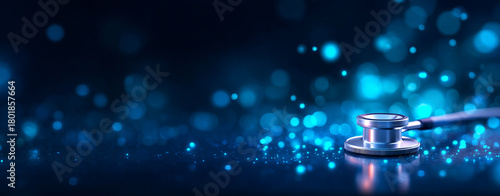 Stethoscope reflective surface with blue bokeh background, symbolizing healthcare and technology