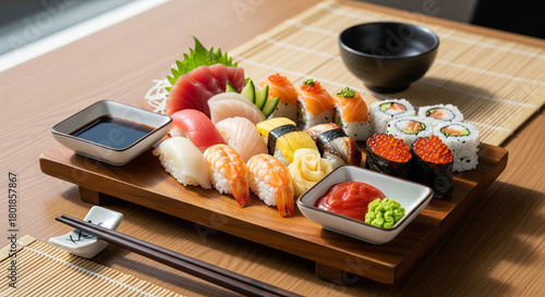 Sushi platter with soy sauce and wasabi