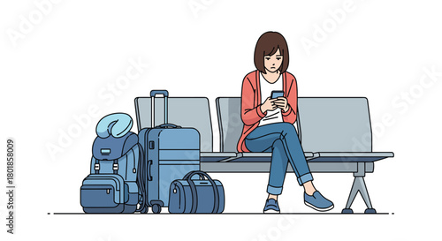Worried woman with luggage anxiously checks her phone while waiting for her flight in a modern airport terminal