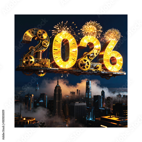 Happy New Year 2026 Celebration with Fireworks Over Cityscape, Clockwork Mechanism, and Glowing Numbers
