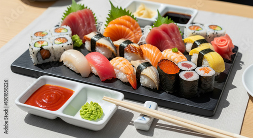 Sushi platter with soy sauce and wasabi