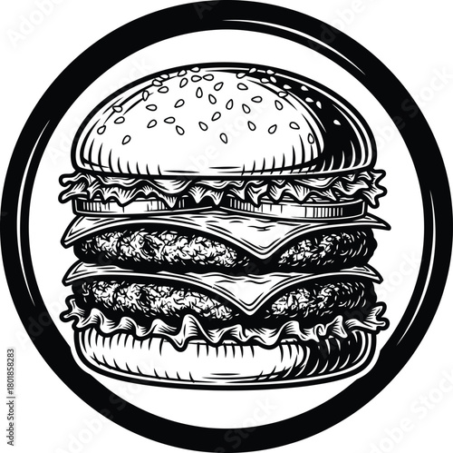 Burger illustration delicious double cheeseburger fast food monochrome art eps silhouette