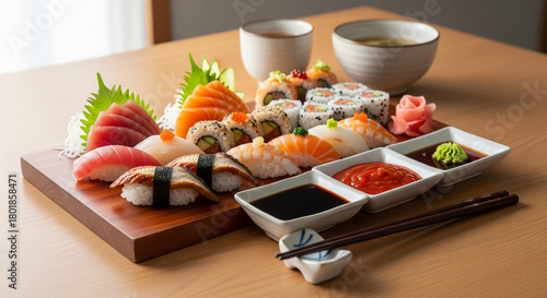 Sushi platter with soy sauce and wasabi