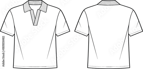 Polo shirt short sleeve vector technical fashion sketch template, front and back view, collar detail, casual apparel design illustration mockup