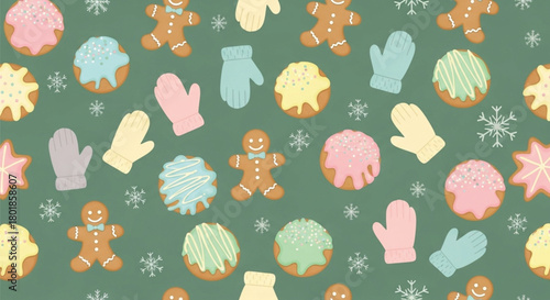 Gingerbread Cookie Seamless Pattern with Mittens and Snowflakes Winter Christmas Background