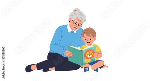 Joyful grandmother and grandchild share a heartwarming moment reading a captivating storybook together, fostering imagination and connection