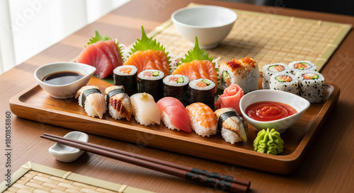Sushi platter with soy sauce and wasabi