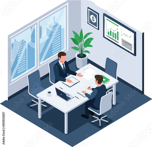 Isometric illustration of two businessmen discussing financial documents in a modern office with city views and a green plant, conveying a professional and productive atmosphere.