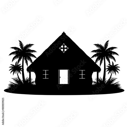 Tropical paradise escape with palm trees and thatched roof bungalow silhouette